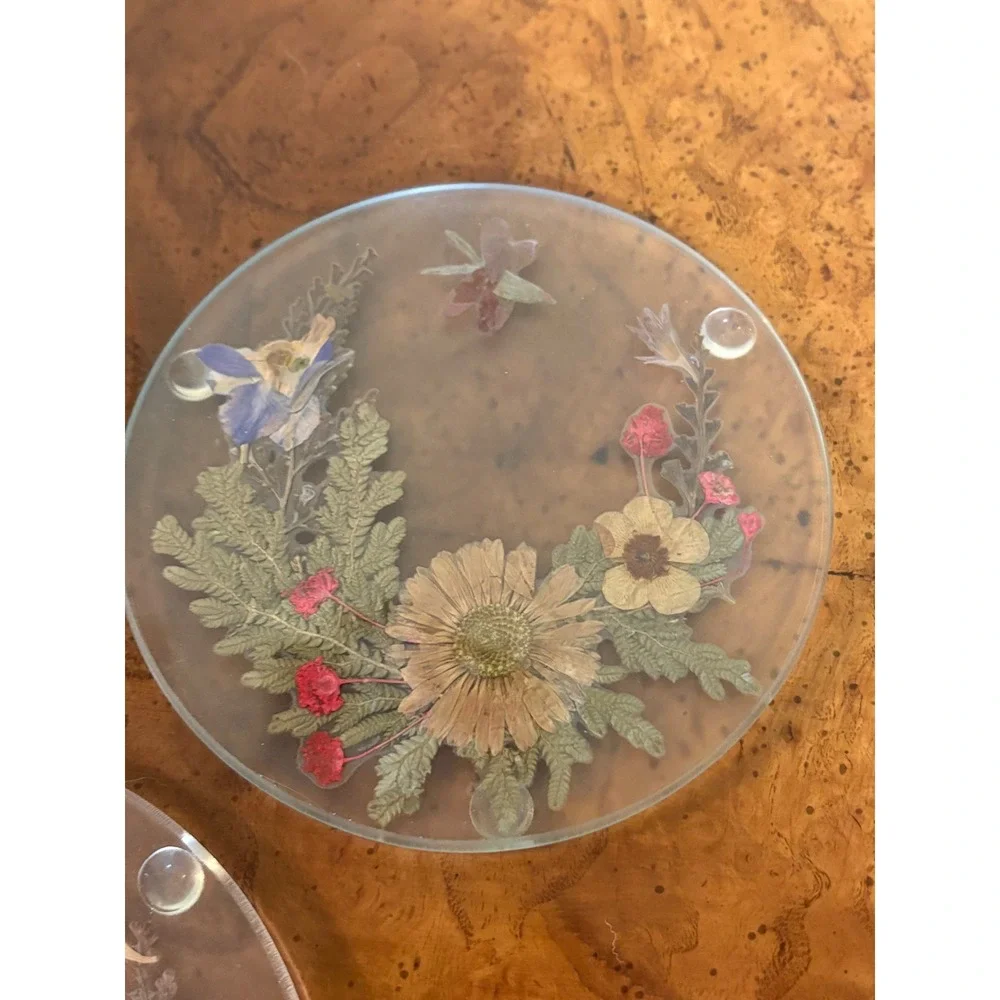 Vintage Dried Pressed Flowers Glass Coaster Set of 3 Botanical Floral 4 Inch